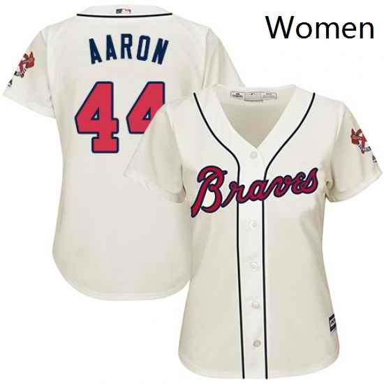 Womens Majestic Atlanta Braves 44 Hank Aaron Replica Cream Alternate 2 Cool Base MLB Jersey